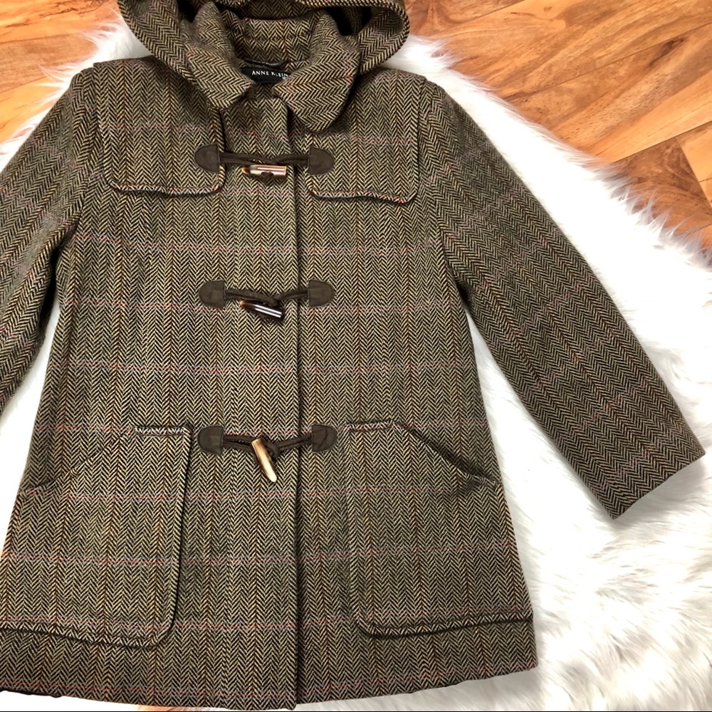 Anne Klein Virgin Wool Hooded Plaid Toggle Coat
